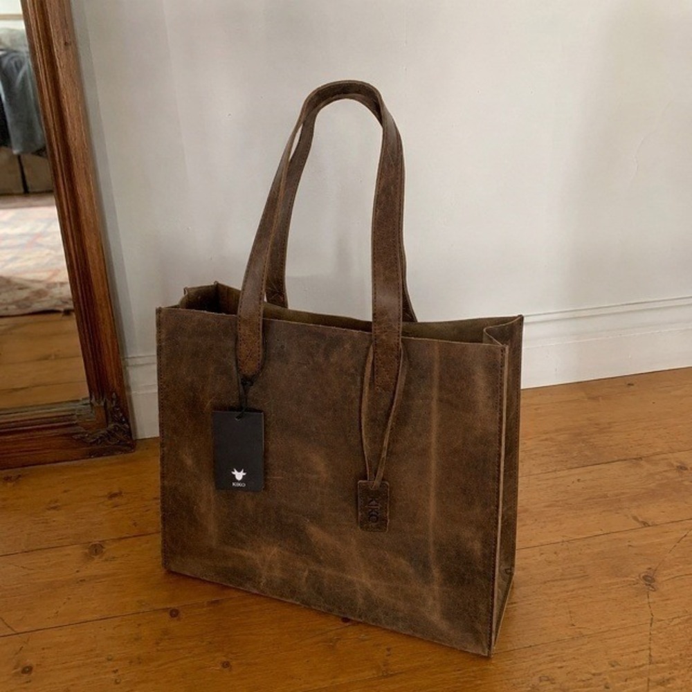 Kiko Cowhide Leather Tote Bag Mocha Brown Raw Edge NWT 15x13